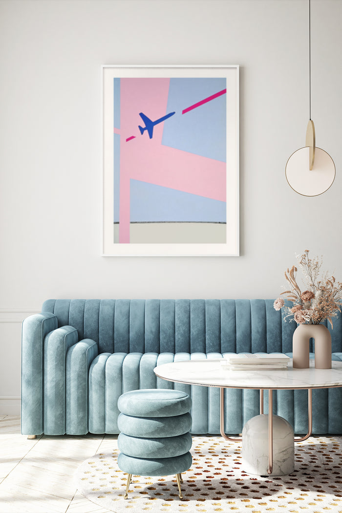 Abstract geometric poster featuring an airplane silhouette with pastel colors displayed in a contemporary living room setting