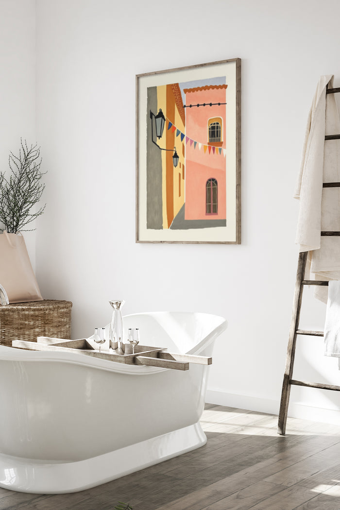 Modern bathroom interior with abstract architectural artwork poster on wall