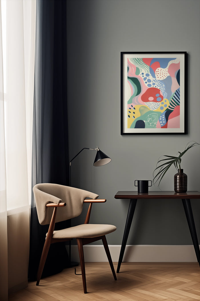Colorful abstract art poster framed on a wall in a stylish interior with mid-century modern chair and side table