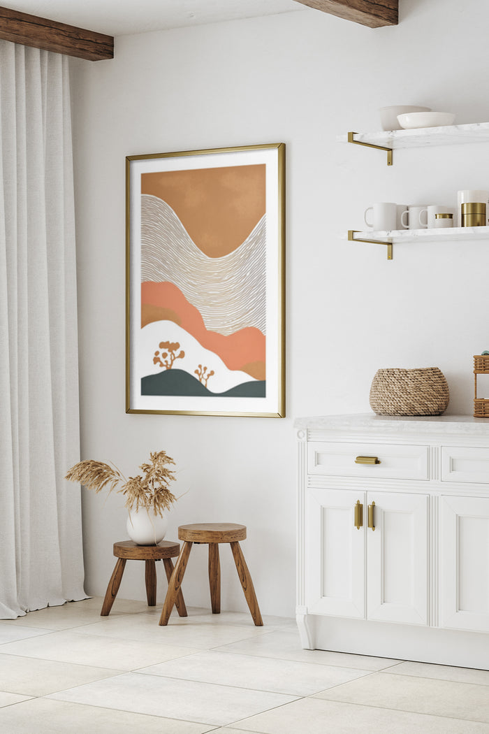 Abstract landscape art poster with warm earth tones displayed in contemporary home interior