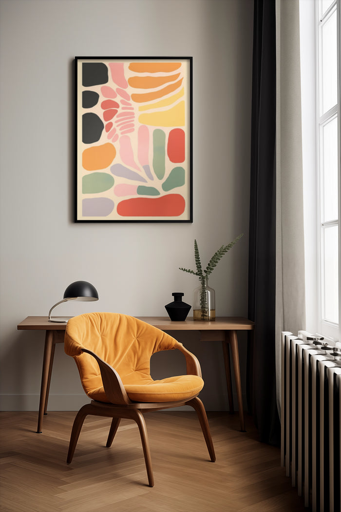 Colorful abstract art poster hanging in a contemporary room with a stylish yellow chair and wooden desk