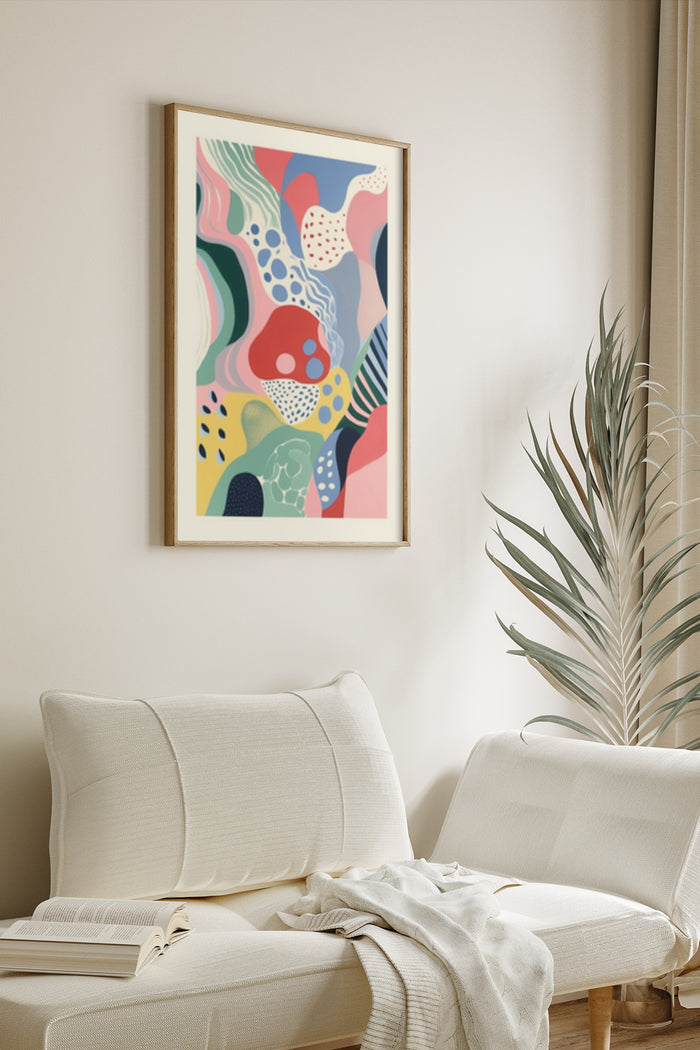 Modern abstract colorful patterns artwork in a frame on a wall in a living room with a stylish sofa and plant