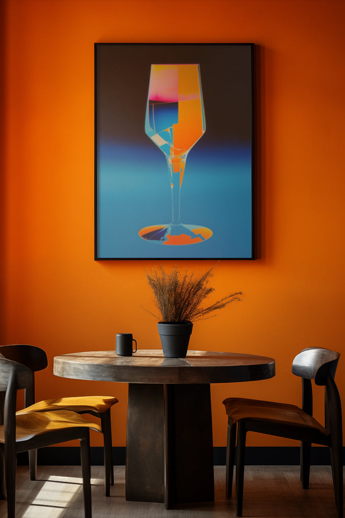 abstract colorful glass poster in a contemporary room with orange accents