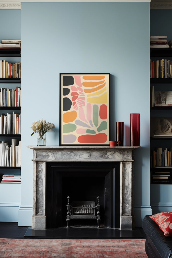 Elegant living room interior with a colorful abstract painting above a classic marble fireplace surrounded by bookshelves