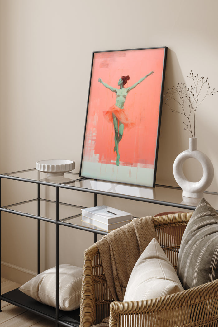 abstract colorful ballerina art poster framed on wall above contemporary console table with home decor