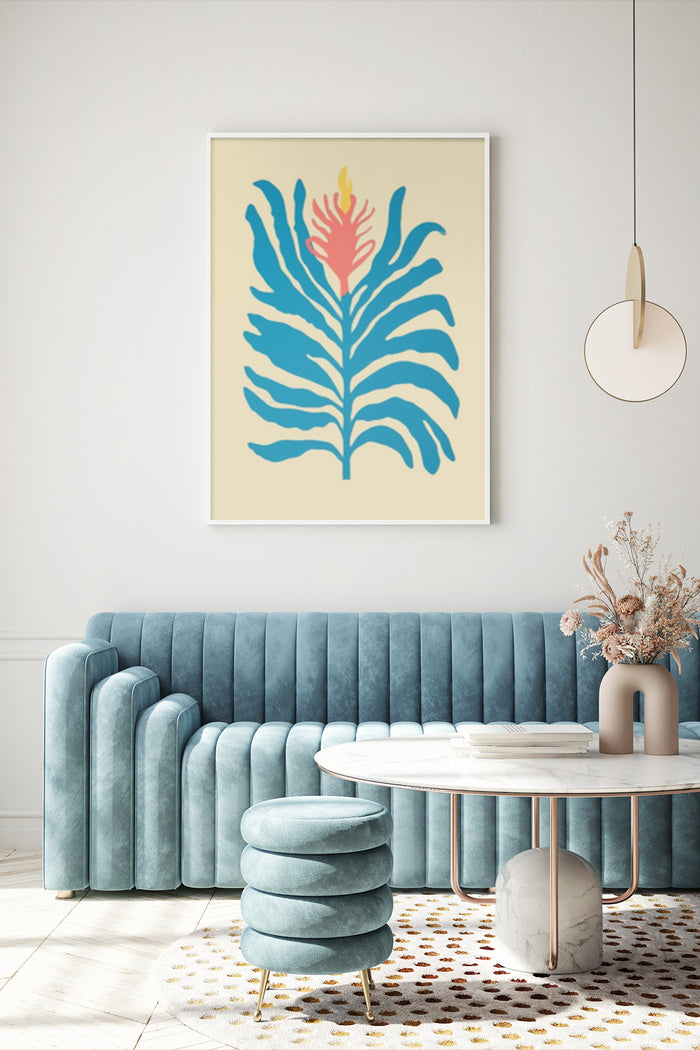 Abstract blue and pink feather design poster on wall above blue velvet sofa in contemporary living room interior