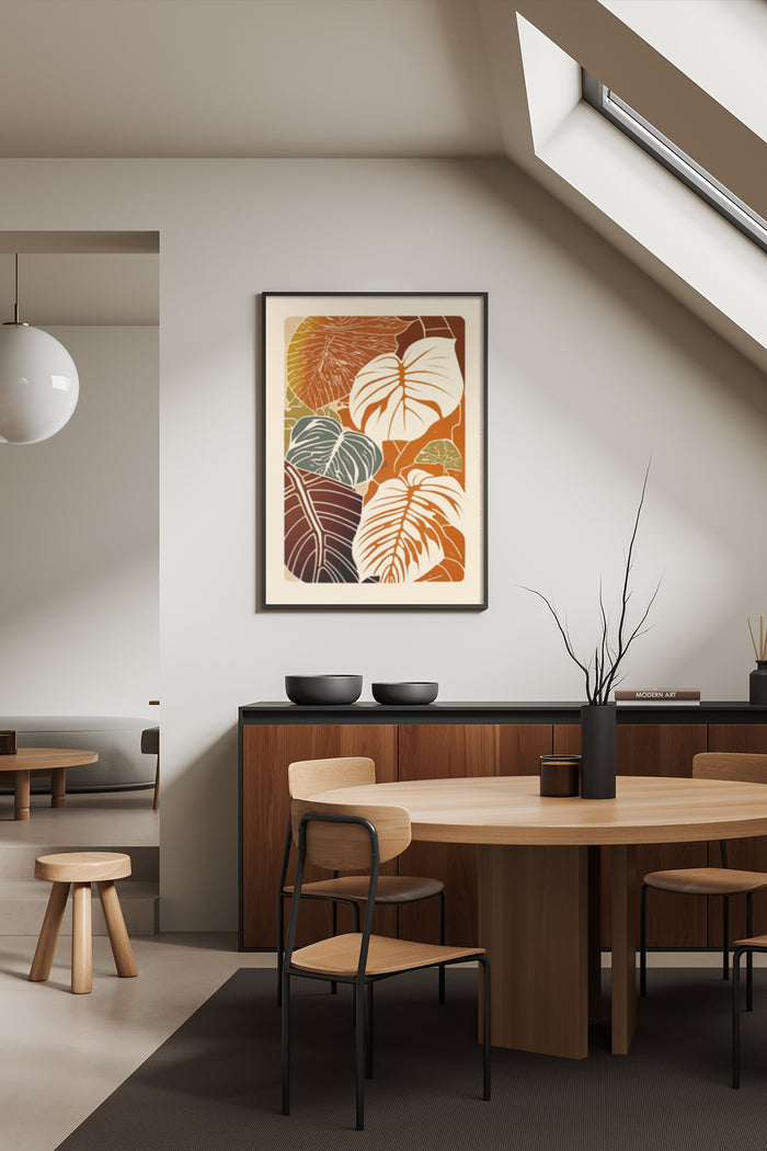 Abstract botanical artwork with warm autumn colors displayed in a modern dining room