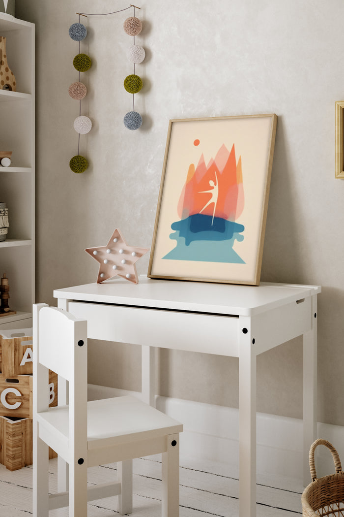 Modern abstract campfire illustration poster framed on a wall in a stylish children's room