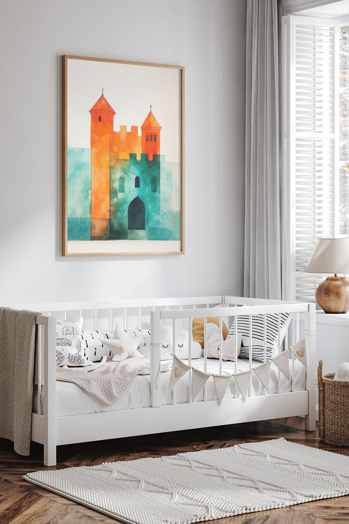 Abstract watercolor castle artwork framed on bedroom wall