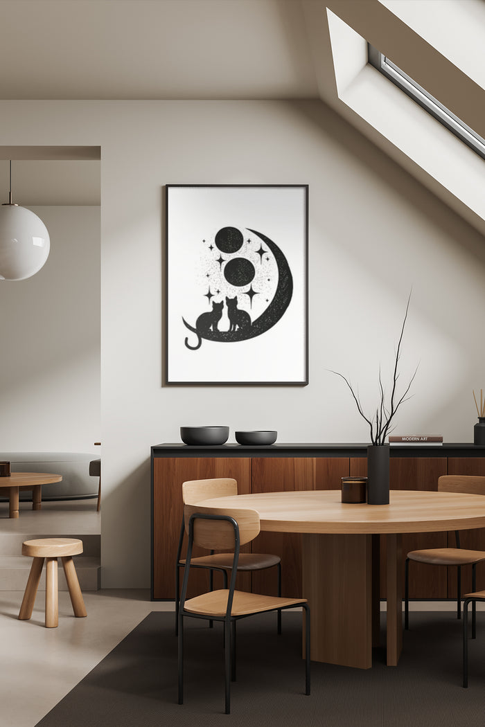 Abstract Black and White Cat and Moon Poster Art in Modern Interior
