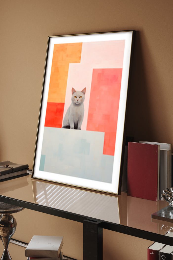 Contemporary abstract art poster featuring a cat in a colorful cubist style displayed in a stylish room setting