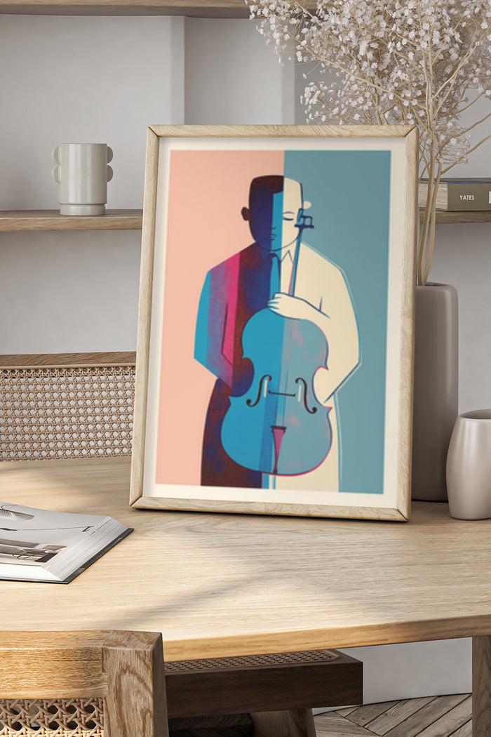 Abstract art poster of a cellist with vibrant color blocks in a contemporary room setting