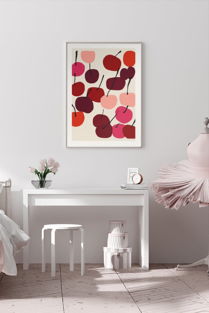 Abstract cherry pattern art poster displayed in a modern home interior
