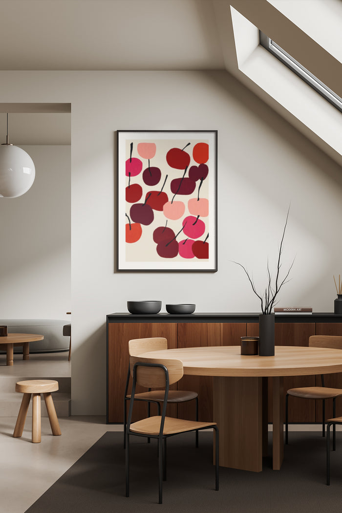 Abstract cherry pattern artwork poster displayed in stylish modern dining room decor