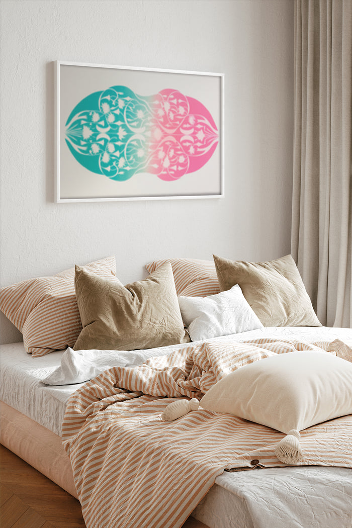 Colorful abstract circular pattern canvas artwork displayed above a bed