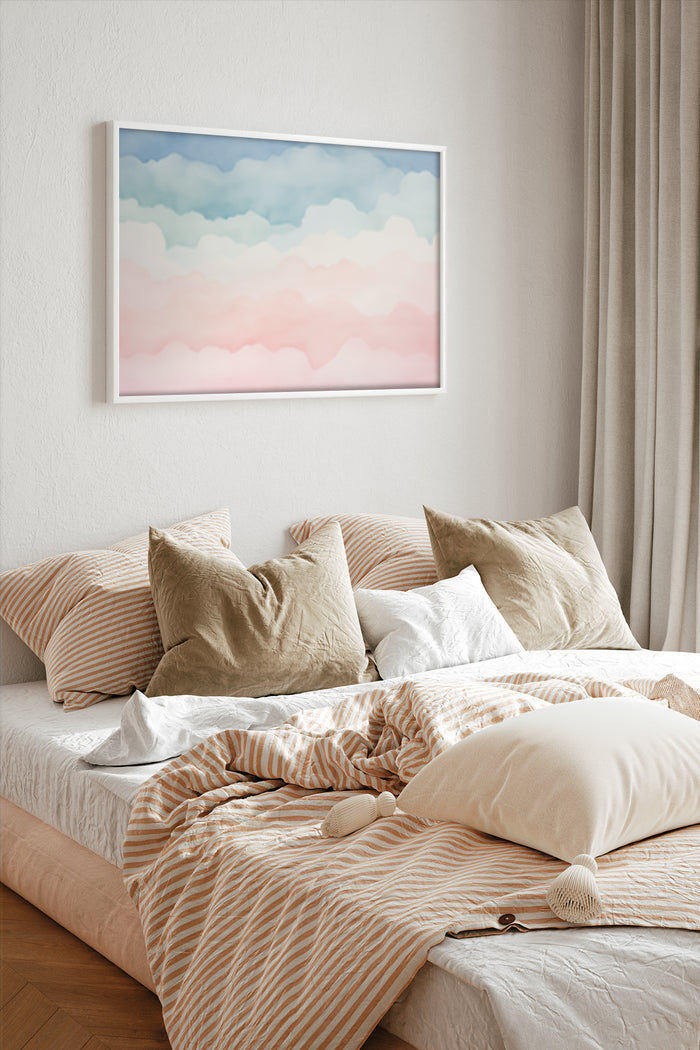 Abstract pastel cloud painting in a modern bedroom setting with striped bedding