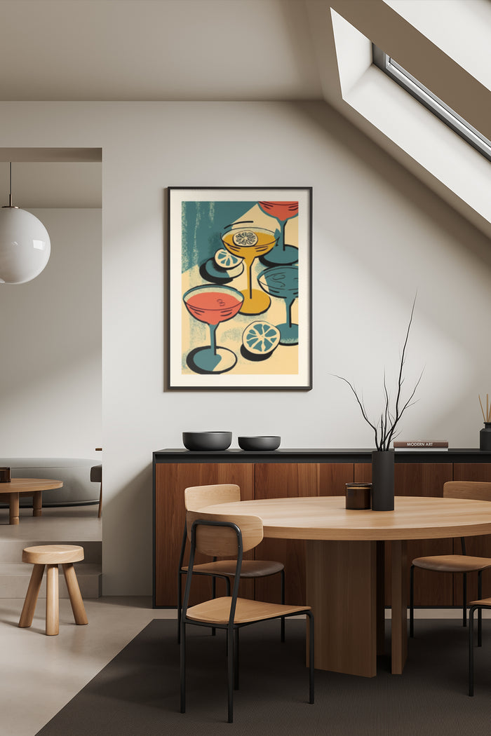 Abstract cocktail glasses art poster in a modern dining room setting