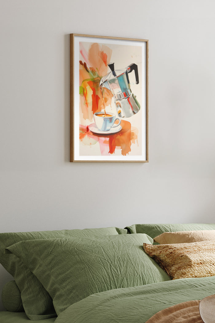 Abstract artistic poster of an espresso maker pouring coffee into a cup with vibrant watercolor splashes
