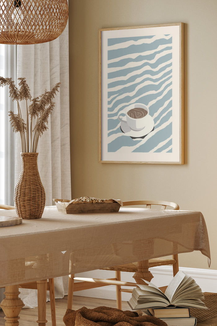 Abstract art poster featuring a coffee cup with wave patterns in a stylish dining room setting