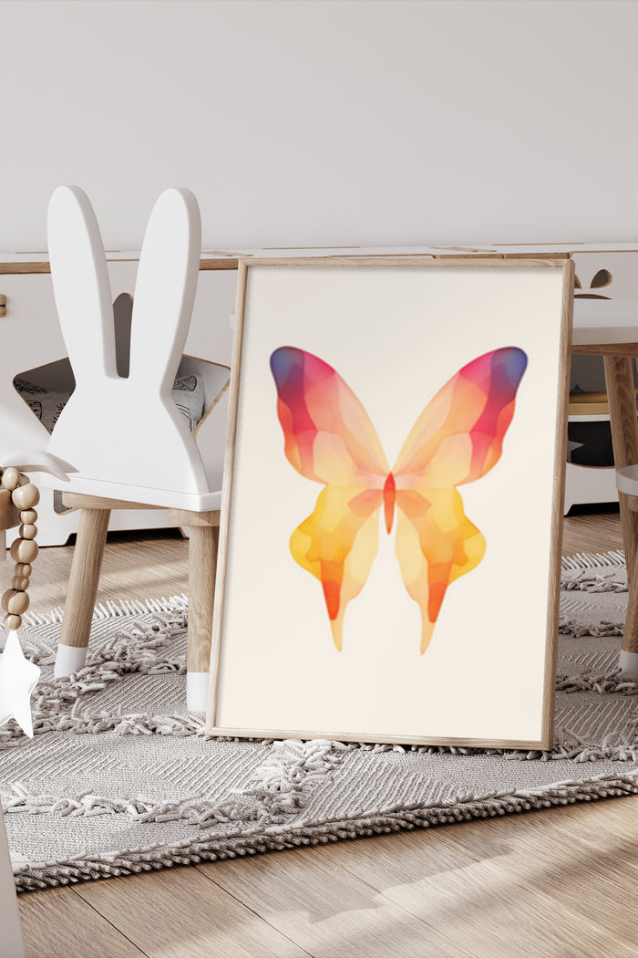 Abstract Colorful Butterfly Art Poster displayed in a contemporary room setting