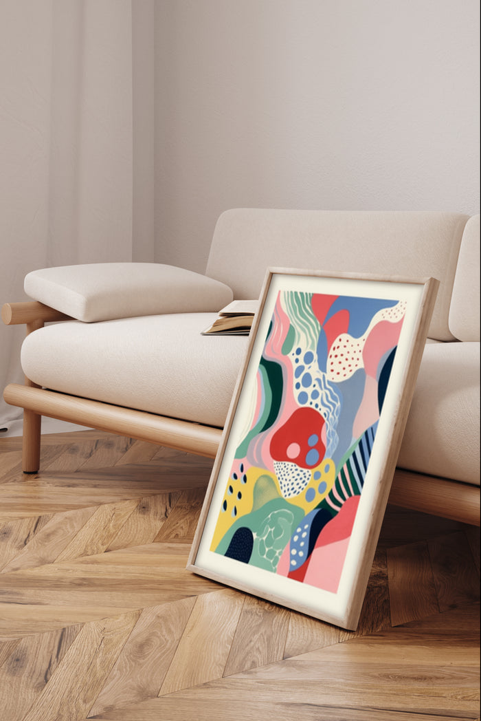 Vibrant abstract art poster with colorful patterns displayed in a contemporary living room setting