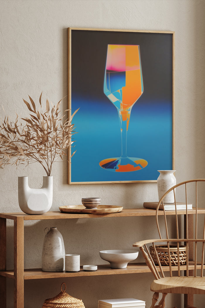 Modern abstract colorful wine glass poster in interior home decor setting