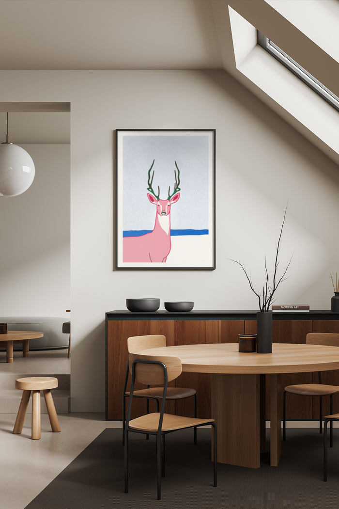 Abstract minimalist red deer painting with blue stripe in a modern dining room setting