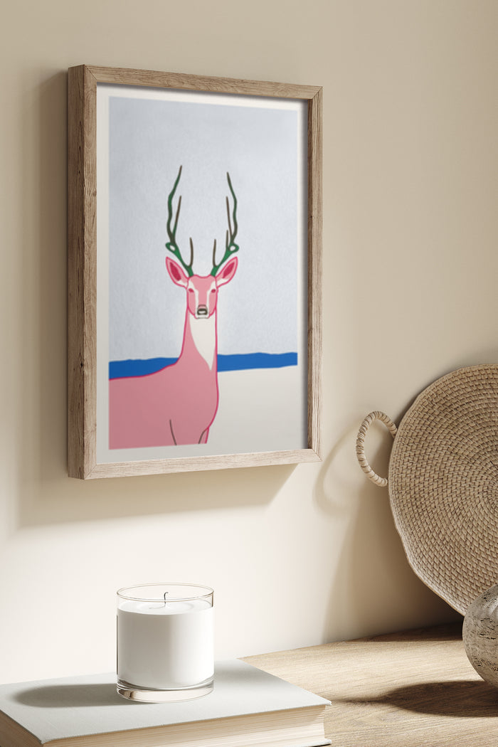 Stylized Abstract Deer Artwork Poster with Wooden Frame on Wall