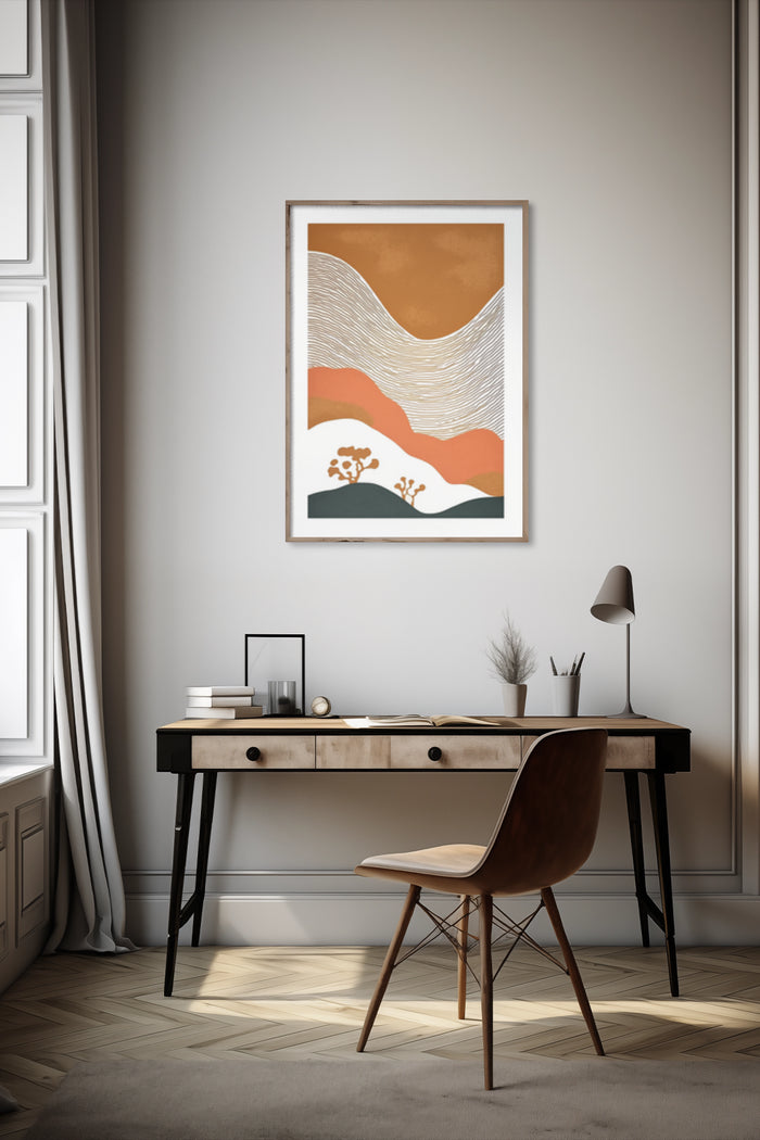 Abstract desert mountain artwork poster in a contemporary home office setting with stylish wooden desk and leather chair