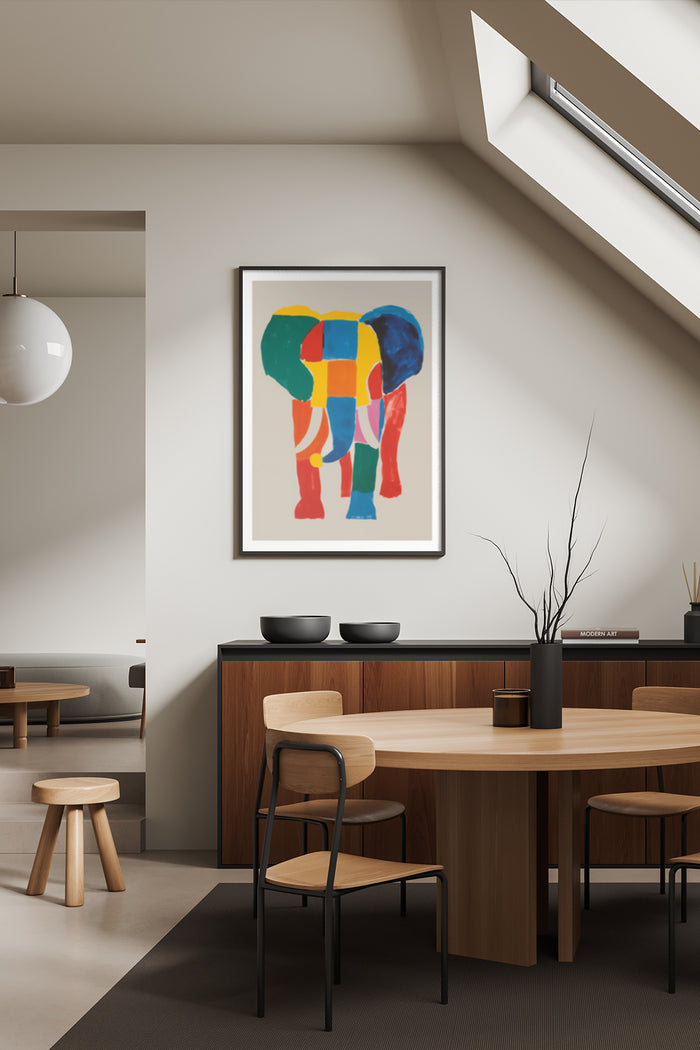 Colorful abstract elephant painting in modern dining room setting