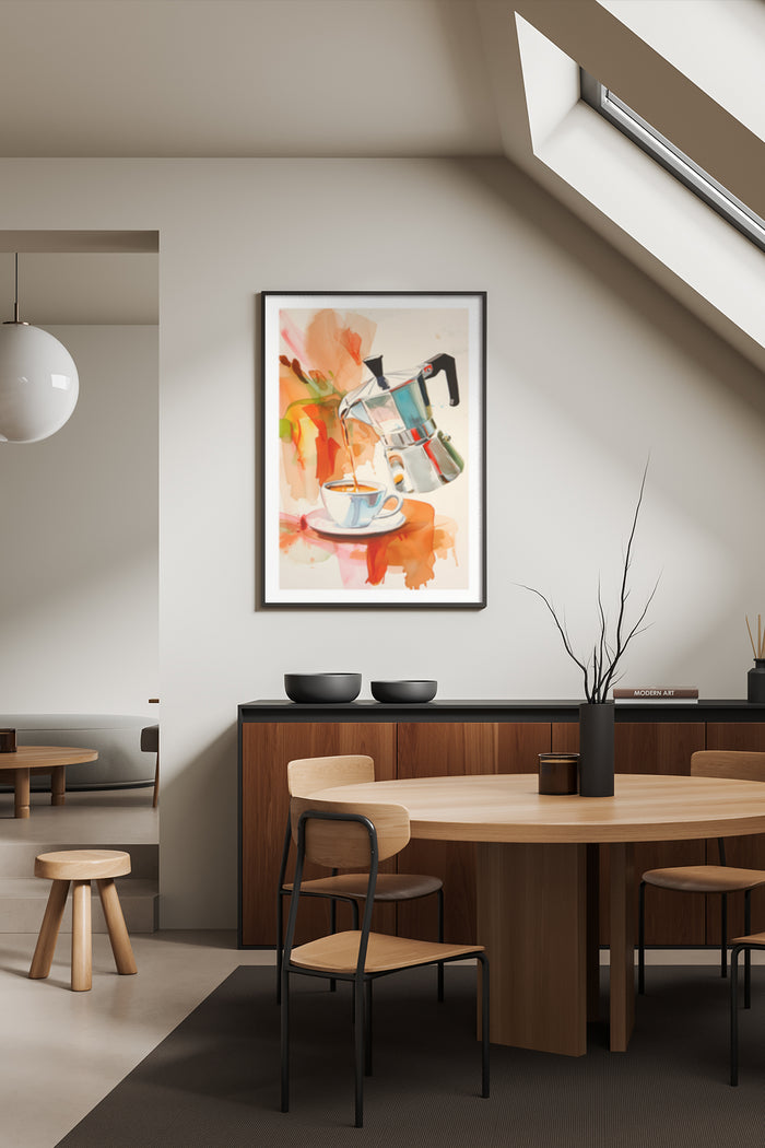 Colorful abstract painting of an espresso maker and cup displayed in a contemporary dining room setting