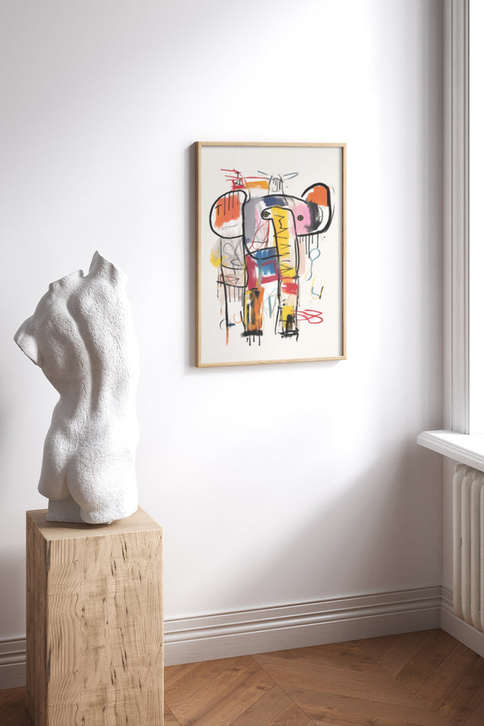 Abstract expressionist style artwork in modern interior setting with sculpture