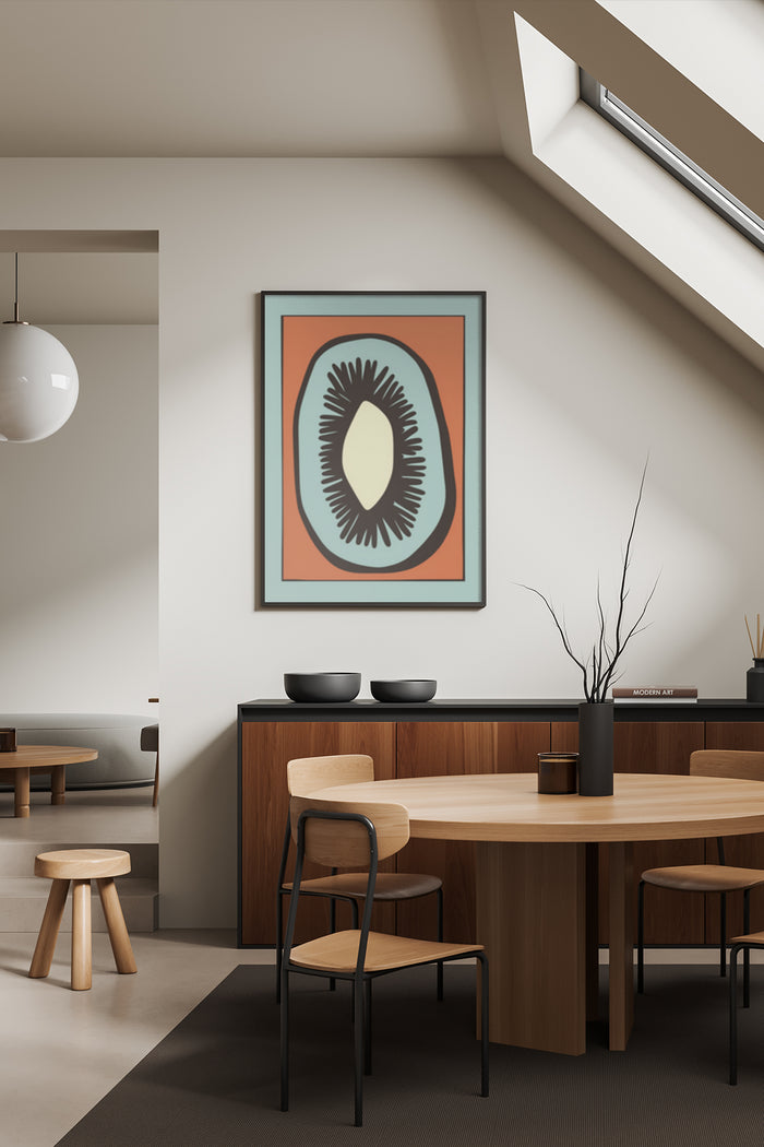 Abstract eye-inspired art poster prominently displayed in a stylish modern dining room setting