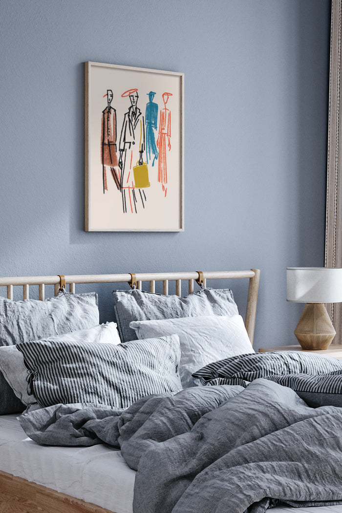 Colorful abstract fashion illustration poster hanging above bed in modern bedroom interior