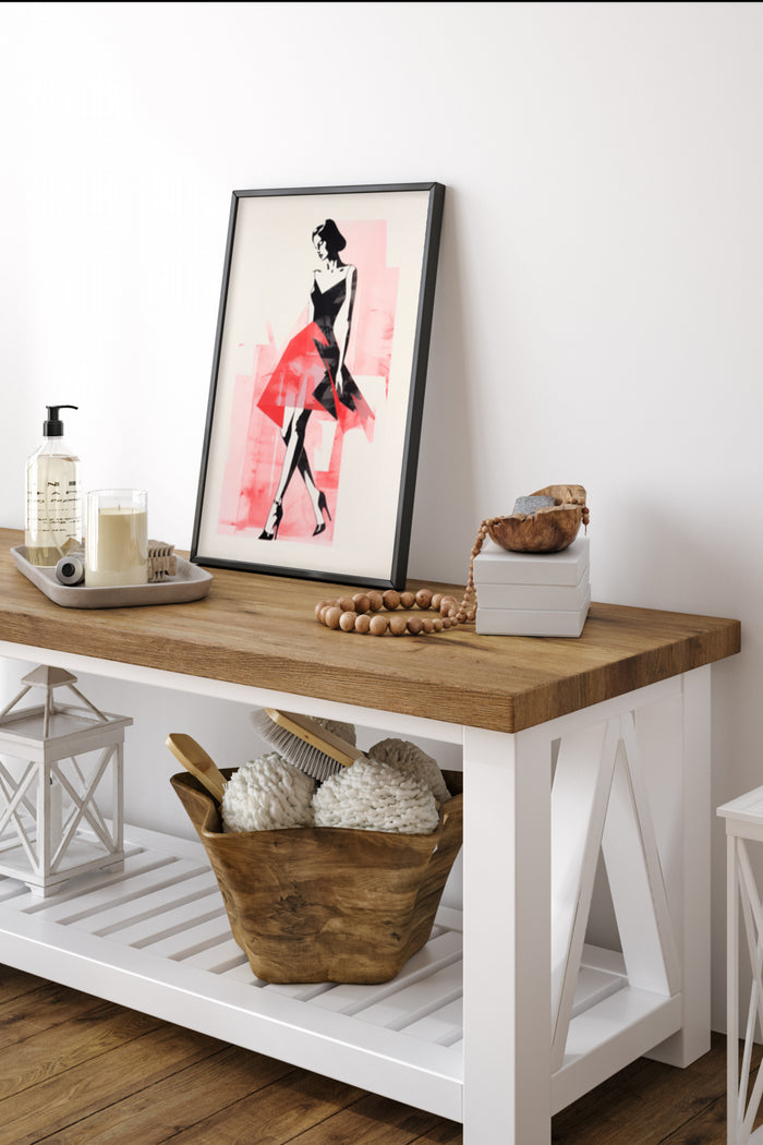 Abstract fashion illustration art framed poster in a modern home decor setting