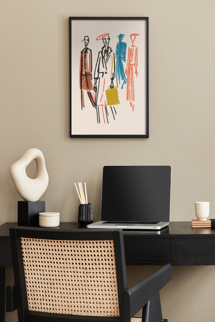Abstract fashion sketch poster in a stylish home office setup with laptop and decorative items