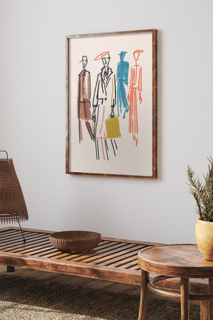 Contemporary abstract fashion sketches with colorful accents poster in stylish home decor setting