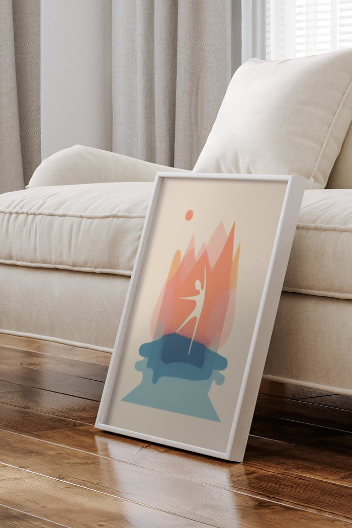 Abstract fire and ice concept poster art displayed in a cozy living room setting