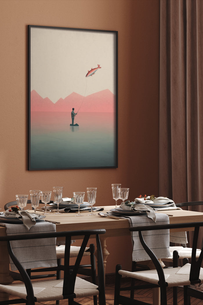 Minimalist art poster of fisherman with kite in dining room setting