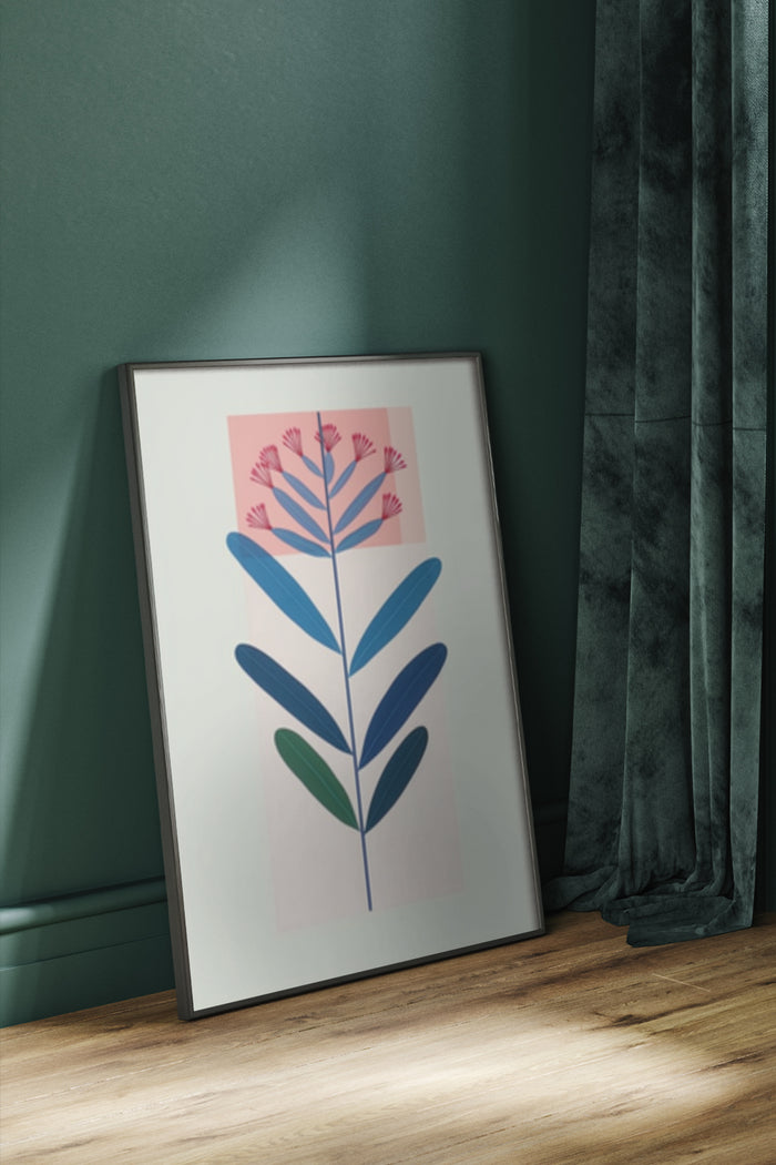 Abstract stylized floral art poster with pink blossoms and blue leaves framed on a home wall beside green curtains