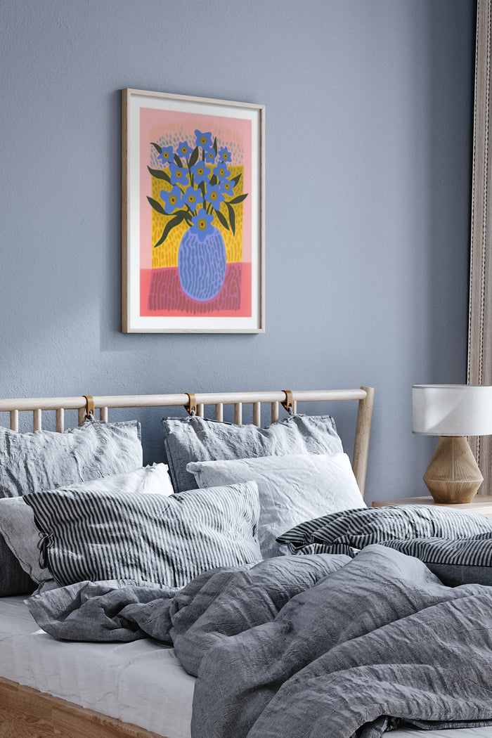 Abstract floral art poster with blue vase and yellow flowers displayed in a bedroom setting