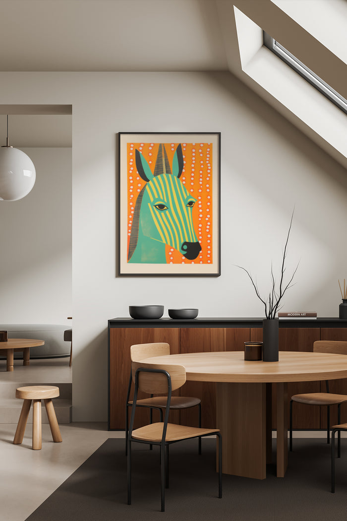 Abstract geometric representation of Anubis artwork as the focal point in a modern dining room setting