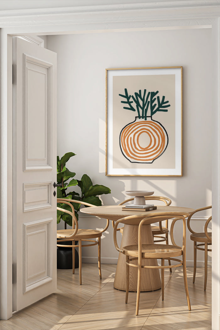 Contemporary abstract geometric artwork with circular and leaf-like patterns framed on a dining room wall