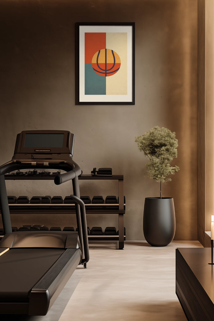 Modern abstract geometric poster with circle and square elements on wall in contemporary home gym interior