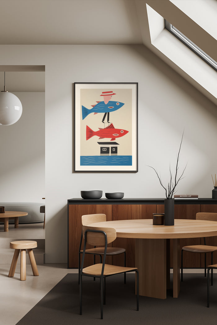 Geometric abstract artwork of fish with blue and red colors on poster hanging in a contemporary dining room