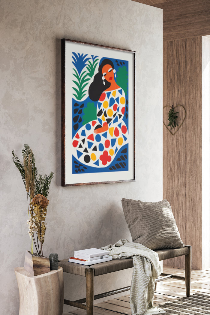 Abstract geometric pattern with seated woman artwork displayed in a modern living room