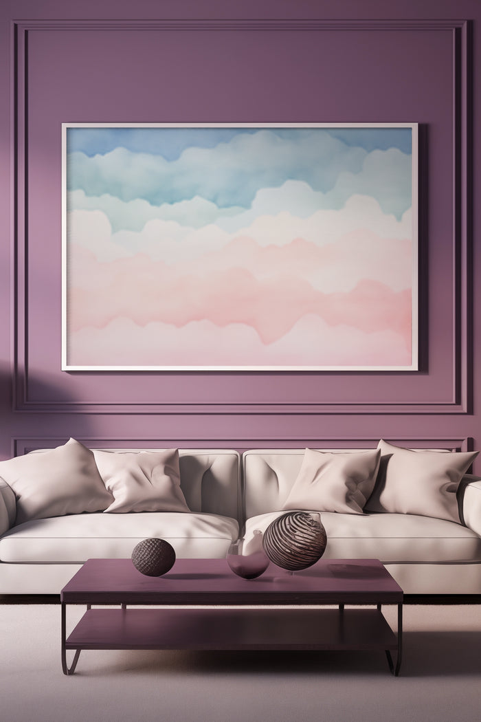 Abstract gradient clouds painting in modern living room interior with a purple wall and stylish sofa