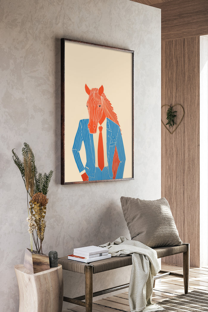 Abstract illustration of a horse wearing a blue suit and red tie displayed as a framed wall poster in a modern interior setting