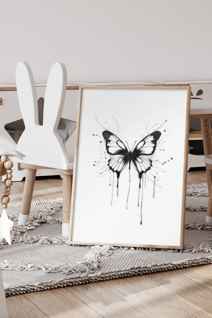 Abstract black and white ink butterfly poster in a modern home decor setting