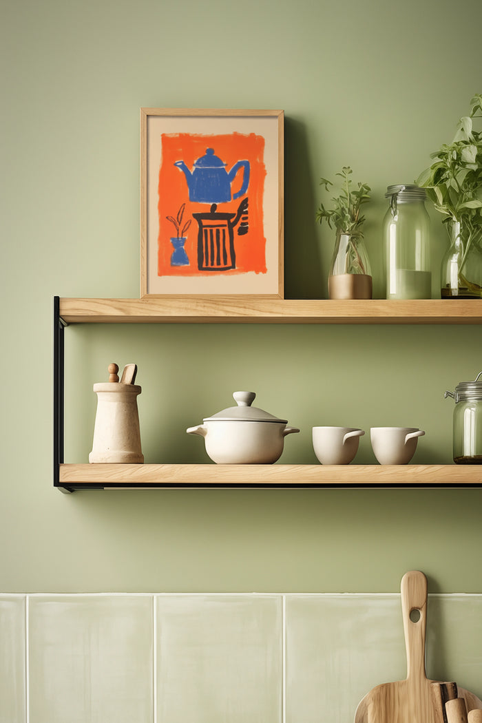 Abstract kitchen poster in orange and blue on wooden frame displayed on shelf